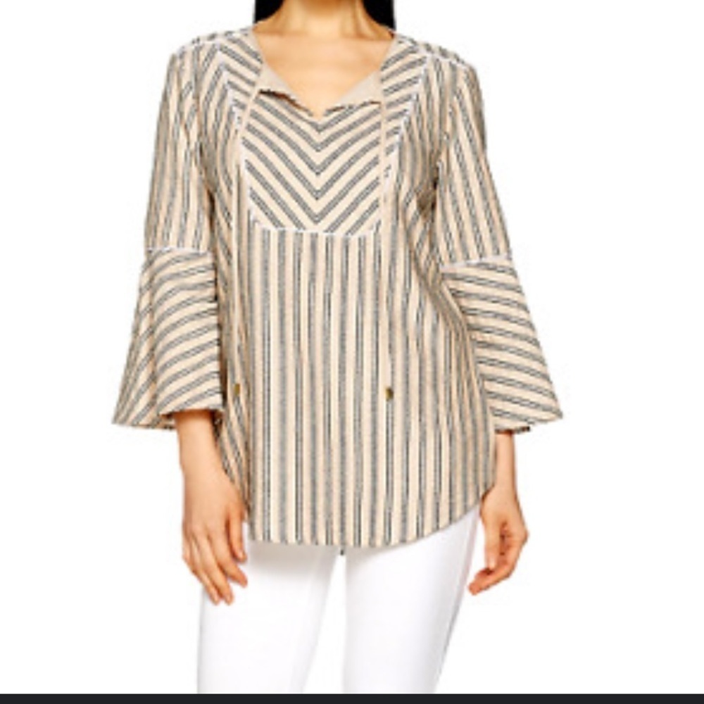 Isaac Mizrahi Live! Sz 16 beige white black embroidered stripes split‎ neck top